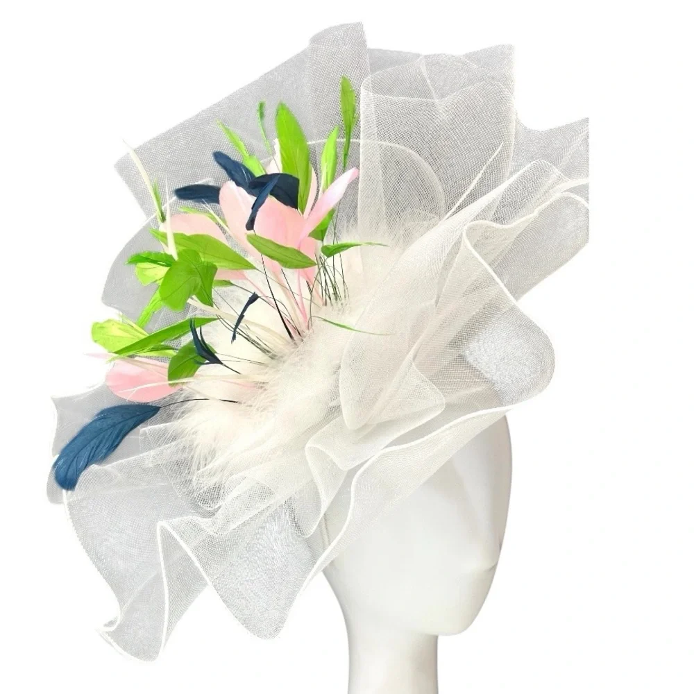 Elegant White Fascinator with Pink and Blue Accents